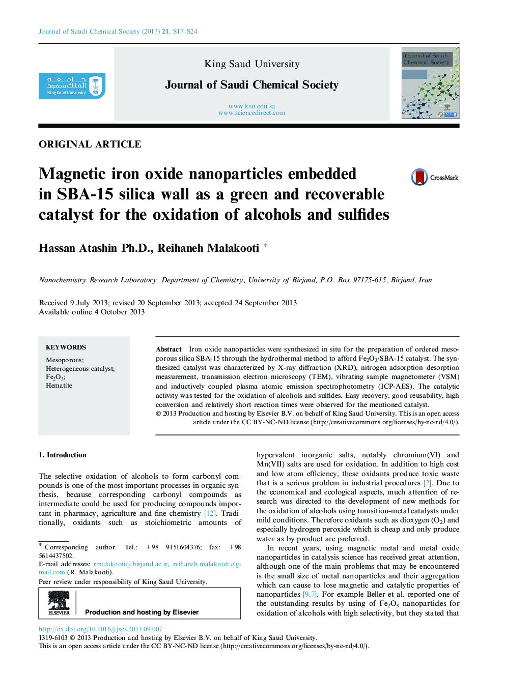 Magnetic iron oxide nanoparticles embedded in SBA-15 silica wall as a green and recoverable catalyst for the oxidation of alcohols and sulfides