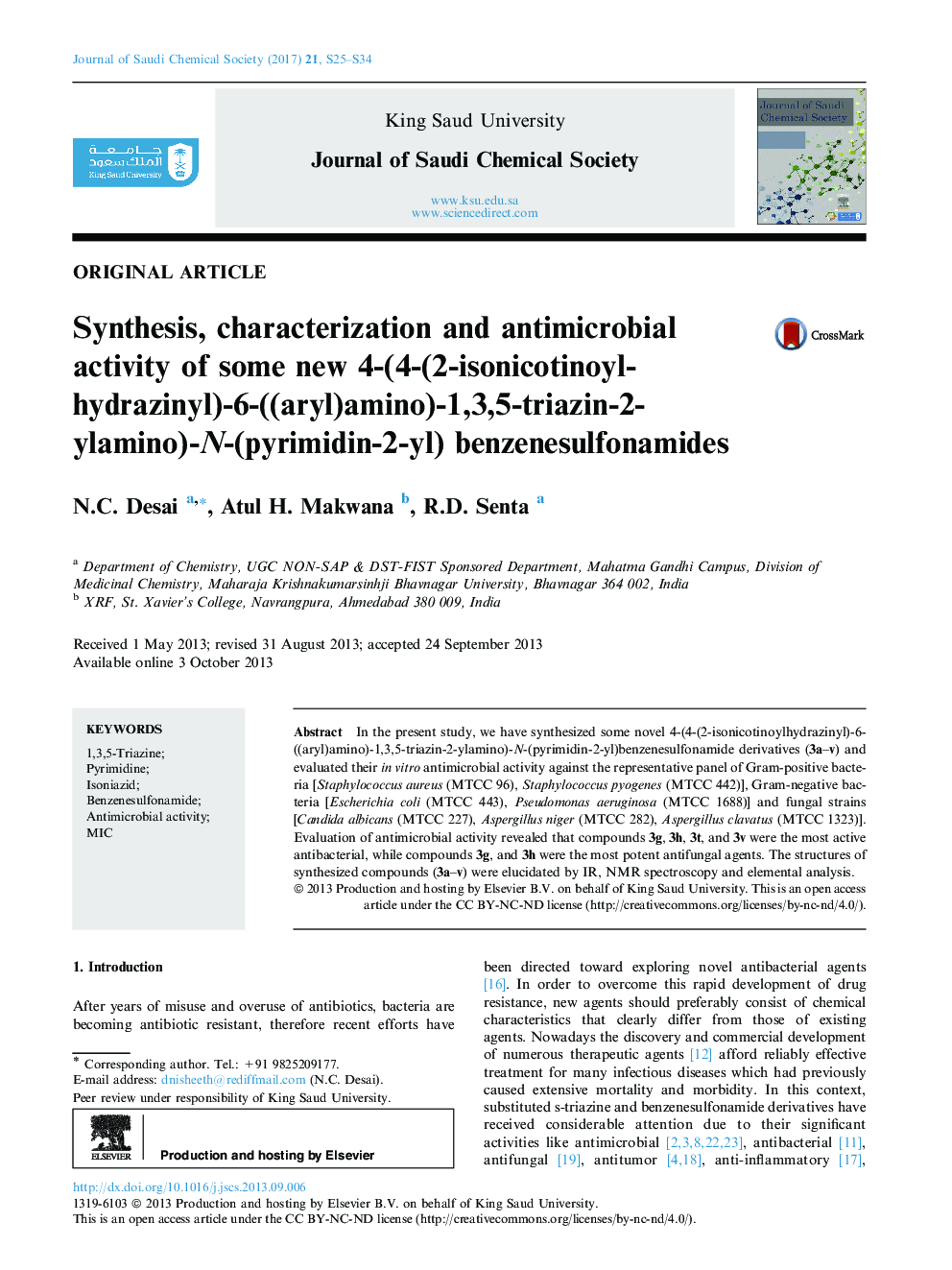 Synthesis, characterization and antimicrobial activity of some new 4-(4-(2-isonicotinoylhydrazinyl)-6-((aryl)amino)-1,3,5-triazin-2-ylamino)-N-(pyrimidin-2-yl) benzenesulfonamides