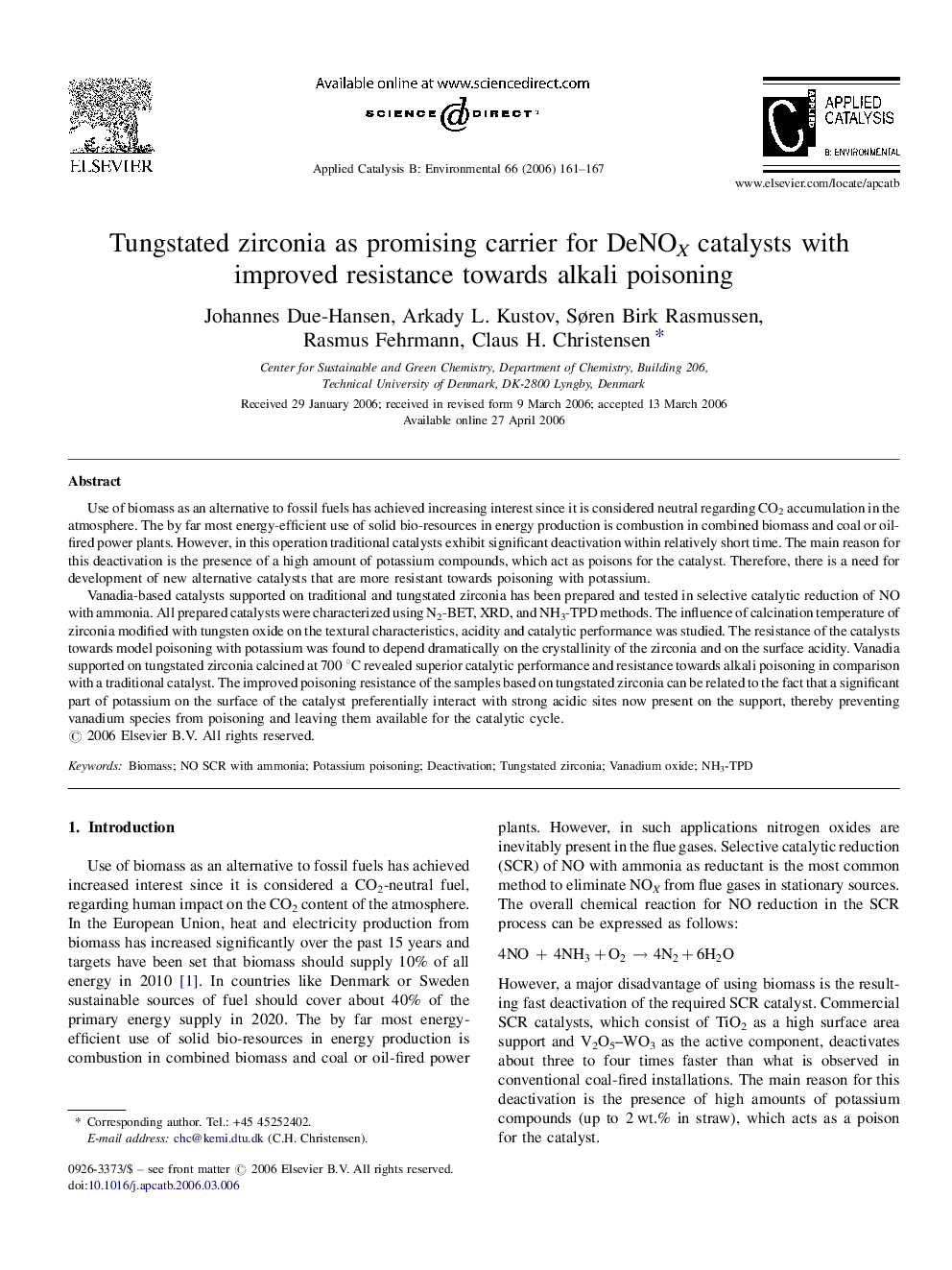 Tungstated zirconia as promising carrier for DeNOX catalysts with improved resistance towards alkali poisoning