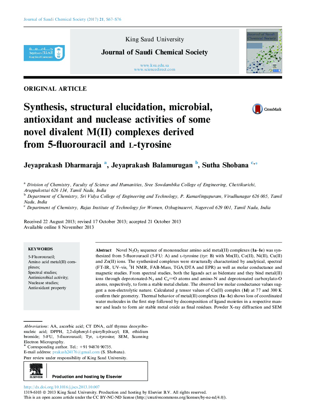 Synthesis, structural elucidation, microbial, antioxidant and nuclease activities of some novel divalent M(II) complexes derived from 5-fluorouracil and l-tyrosine
