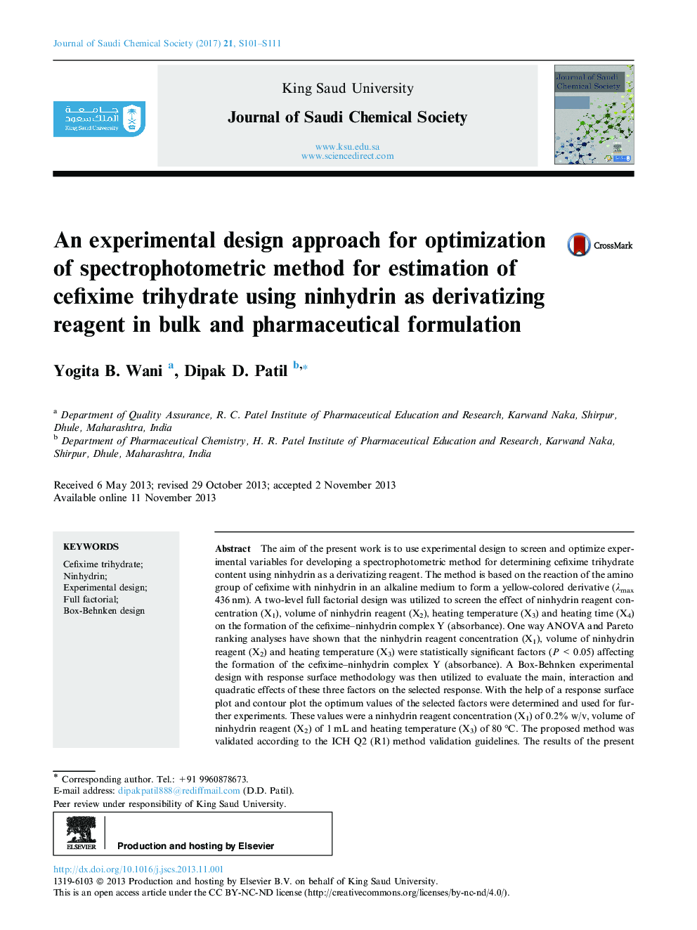 An experimental design approach for optimization of spectrophotometric method for estimation of cefixime trihydrate using ninhydrin as derivatizing reagent in bulk and pharmaceutical formulation