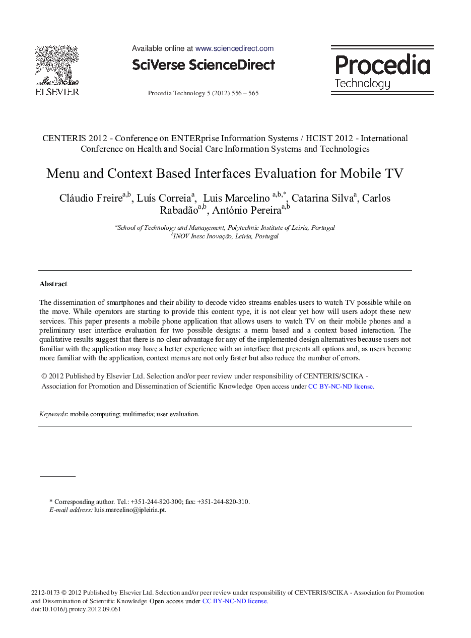 Menu and Context Based Interfaces Evaluation for Mobile TV