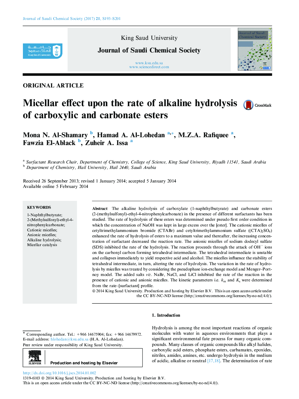Micellar effect upon the rate of alkaline hydrolysis of carboxylic and carbonate esters