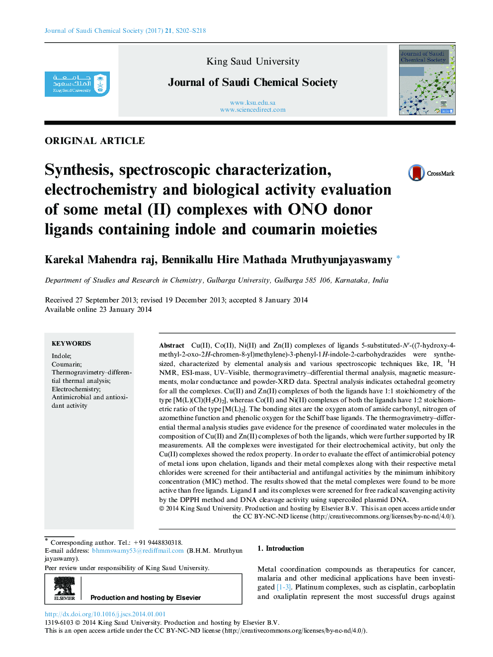 Synthesis, spectroscopic characterization, electrochemistry and biological activity evaluation of some metal (II) complexes with ONO donor ligands containing indole and coumarin moieties