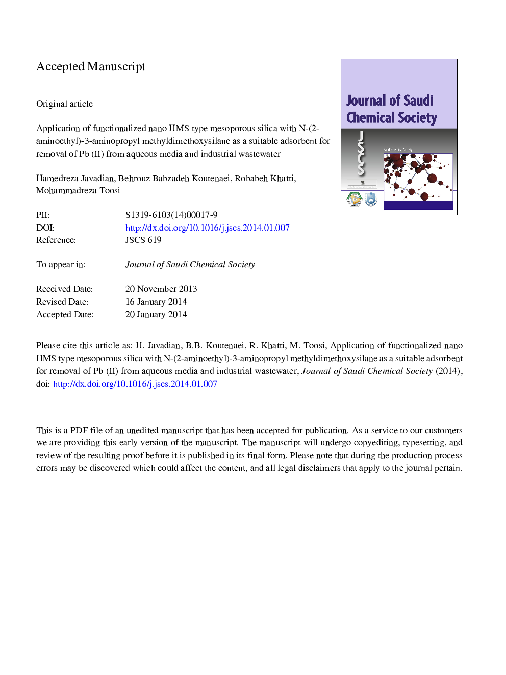 Application of functionalized nano HMS type mesoporous silica with N-(2-aminoethyl)-3-aminopropyl methyldimethoxysilane as a suitable adsorbent for removal of Pb (II) from aqueous media and industrial wastewater