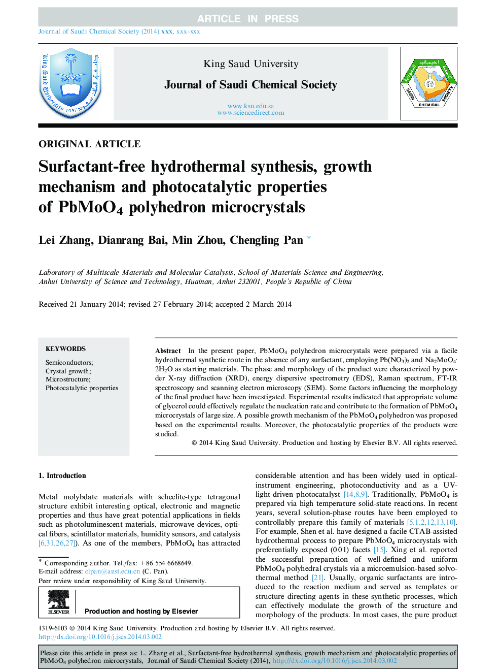 Surfactant-free hydrothermal synthesis, growth mechanism and photocatalytic properties of PbMoO4 polyhedron microcrystals