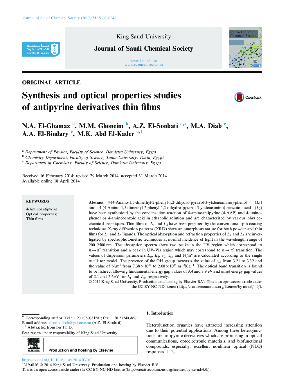 Synthesis and optical properties studies of antipyrine derivatives thin films