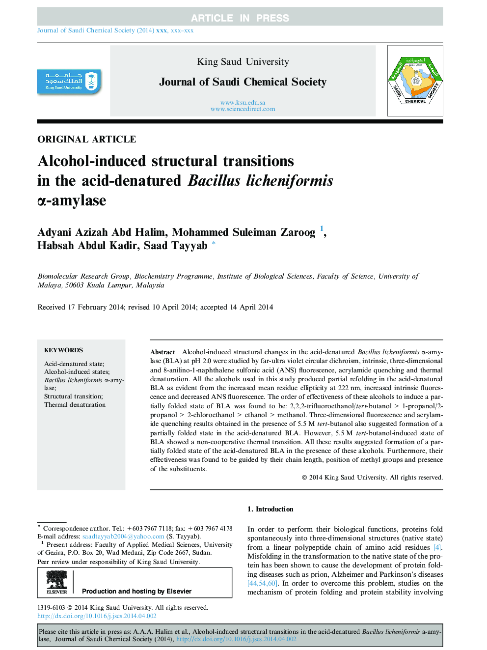 Alcohol-induced structural transitions in the acid-denatured Bacillus licheniformis Î±-amylase