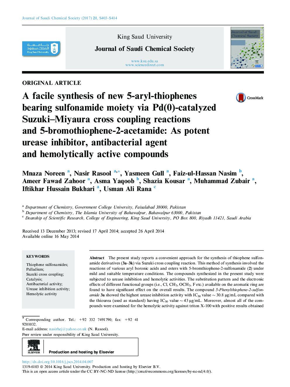 A facile synthesis of new 5-aryl-thiophenes bearing sulfonamide moiety via Pd(0)-catalyzed Suzuki-Miyaura cross coupling reactions and 5-bromothiophene-2-acetamide: As potent urease inhibitor, antibacterial agent and hemolytically active compounds