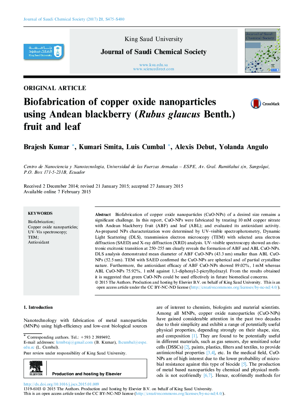 Biofabrication of copper oxide nanoparticles using Andean blackberry (Rubus glaucus Benth.) fruit and leaf