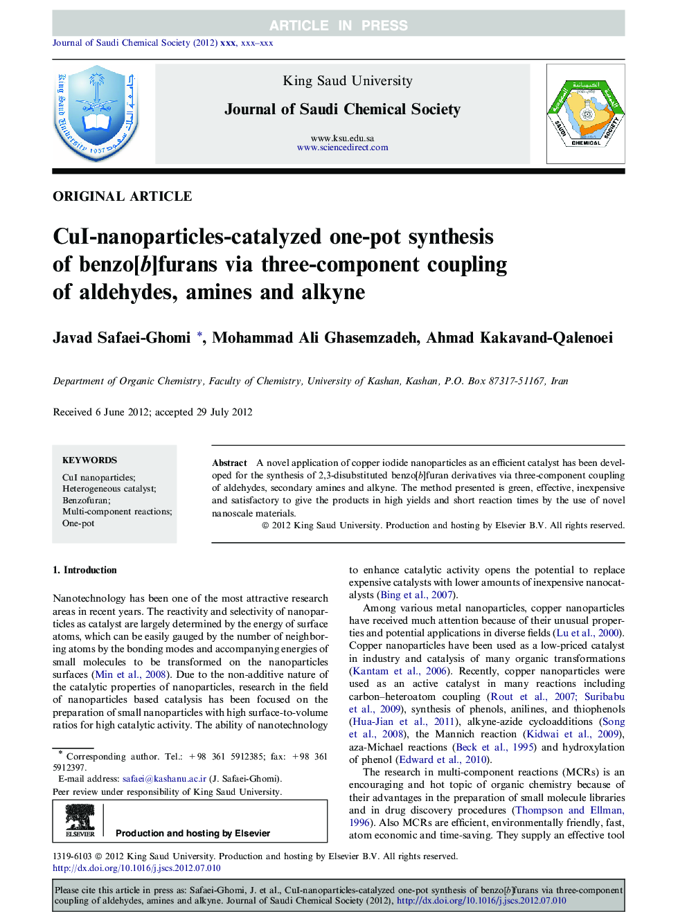 CuI-nanoparticles-catalyzed one-pot synthesis of benzo[b]furans via three-component coupling of aldehydes, amines and alkyne