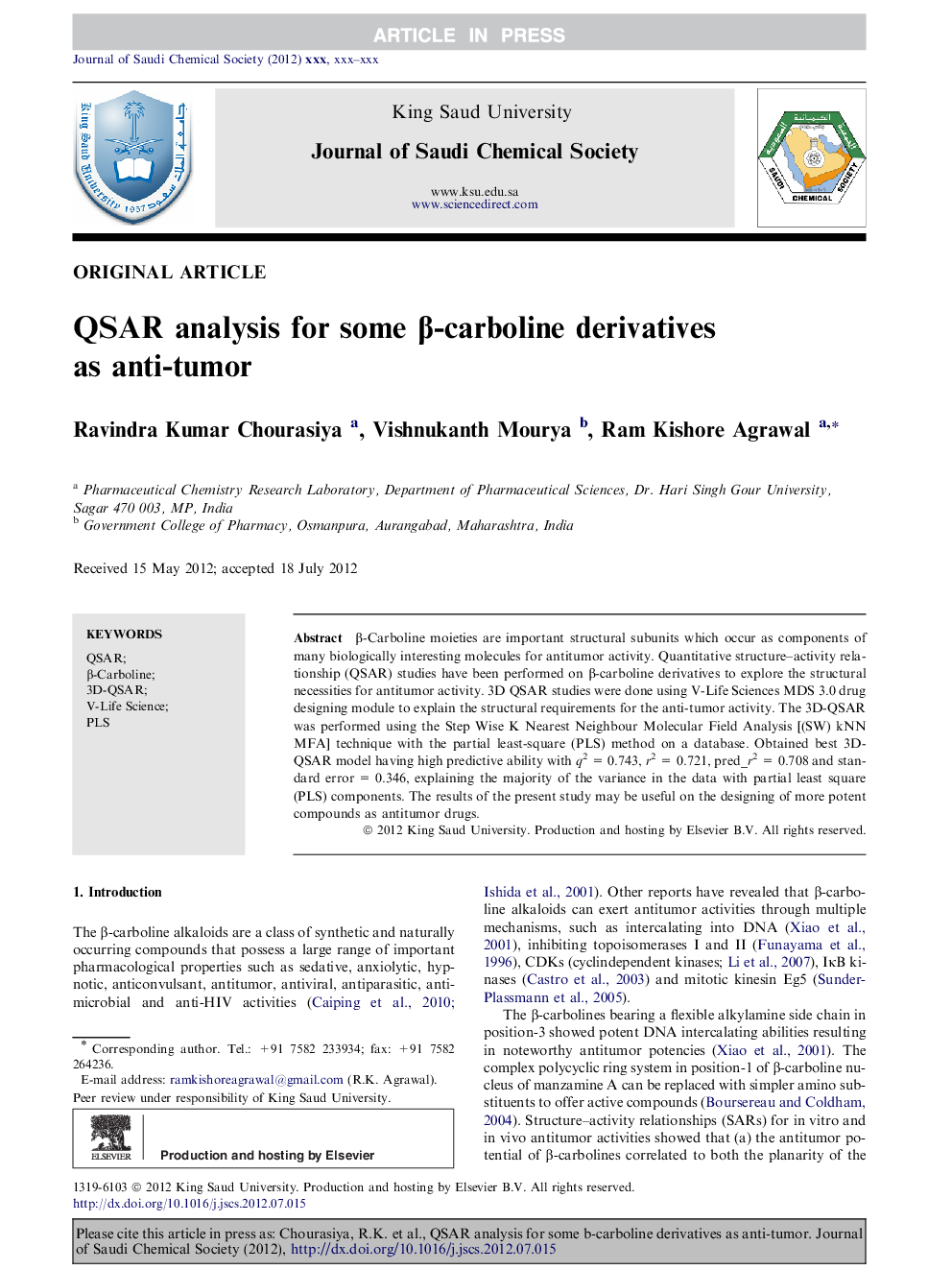 QSAR analysis for some Î²-carboline derivatives as anti-tumor