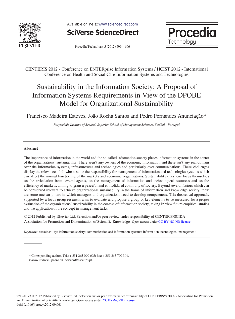 Sustainability in the Information Society: A Proposal of Information Systems Requirements in View of the DPOBE Model for Organizational Sustainability