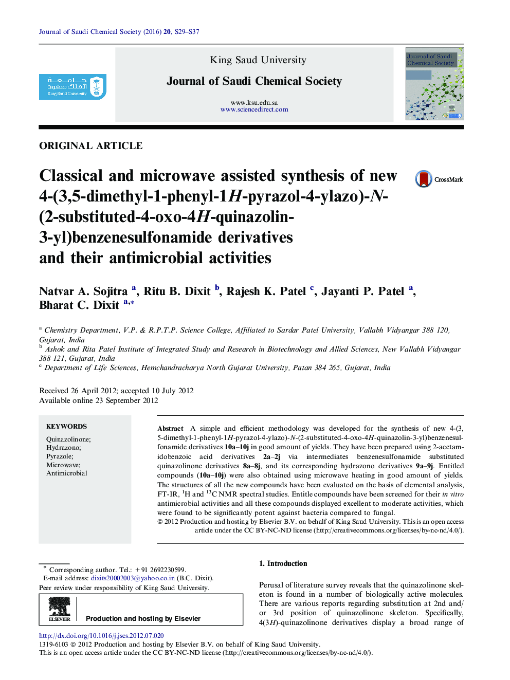Classical and microwave assisted synthesis of new 4-(3,5-dimethyl-1-phenyl-1H-pyrazol-4-ylazo)-N-(2-substituted-4-oxo-4H-quinazolin-3-yl)benzenesulfonamide derivatives and their antimicrobial activities
