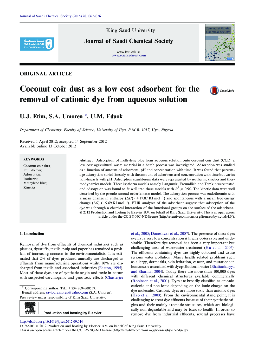 Coconut coir dust as a low cost adsorbent for the removal of cationic dye from aqueous solution