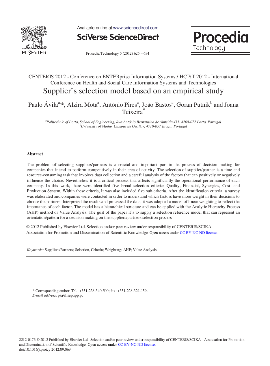 Supplier's Selection Model based on an Empirical Study