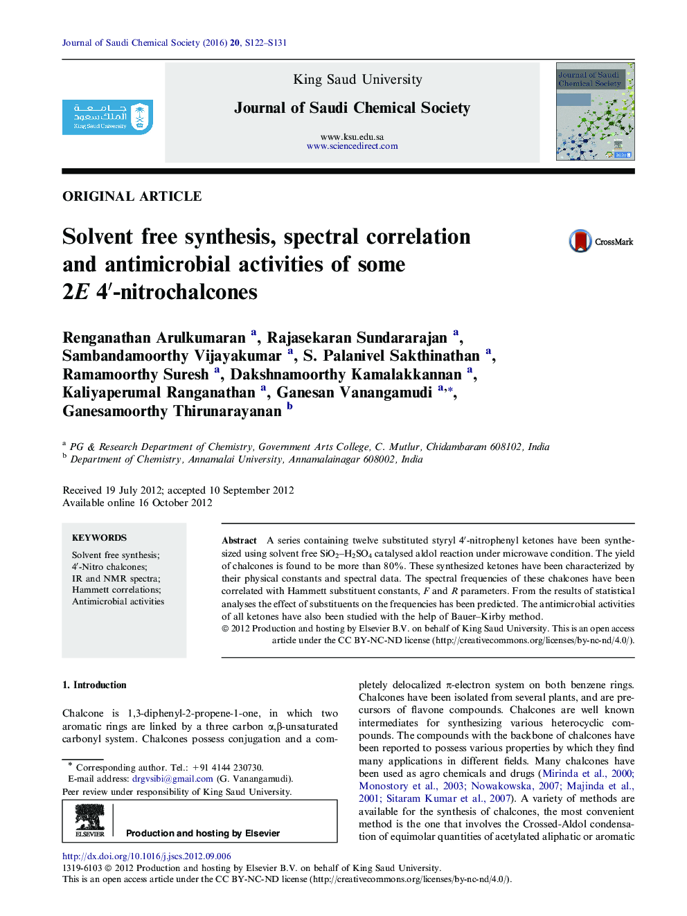 Solvent free synthesis, spectral correlation and antimicrobial activities of some 2E 4â²-nitrochalcones