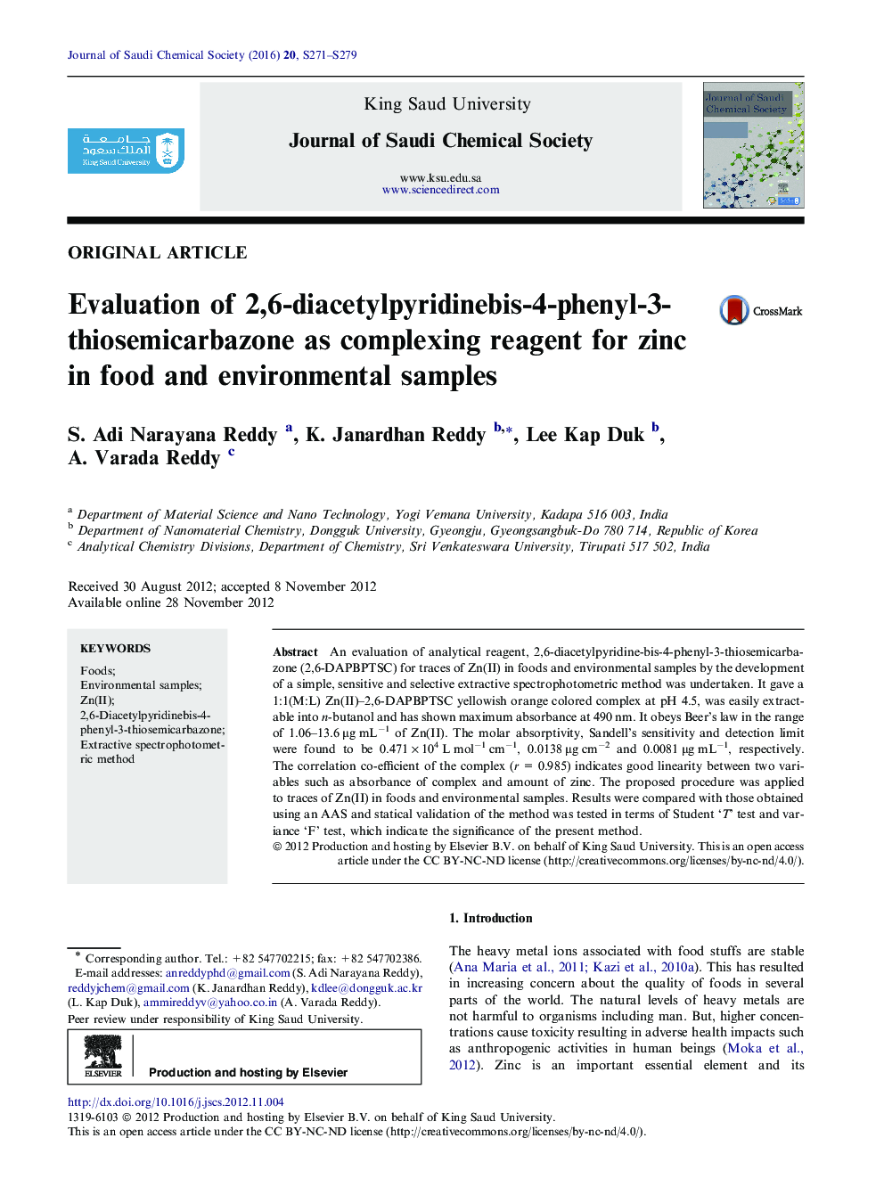 ارزیابی اصل مقاله 2،6-دی سیتیل پرییدین بیس-4-فنیل 3-تیزیمیکاربازون به عنوان یک واکنش پیچیده برای روی در نمونه های غذایی و محیطی 