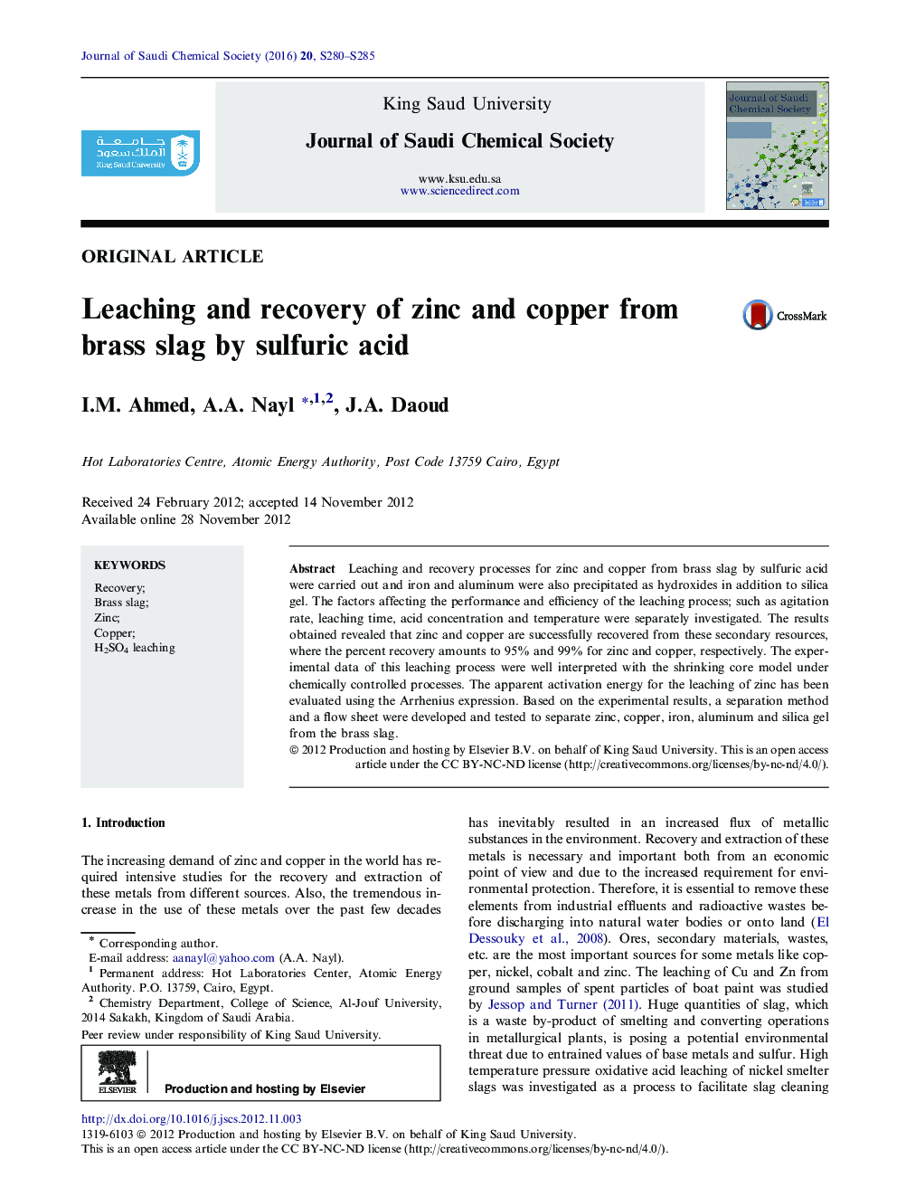 Leaching and recovery of zinc and copper from brass slag by sulfuric acid