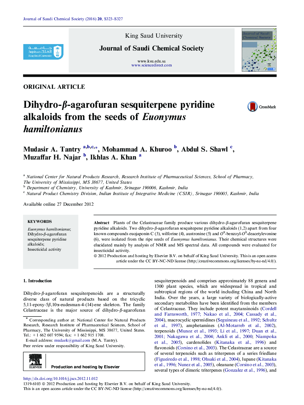 Dihydro-Î²-agarofuran sesquiterpene pyridine alkaloids from the seeds of Euonymus hamiltonianus