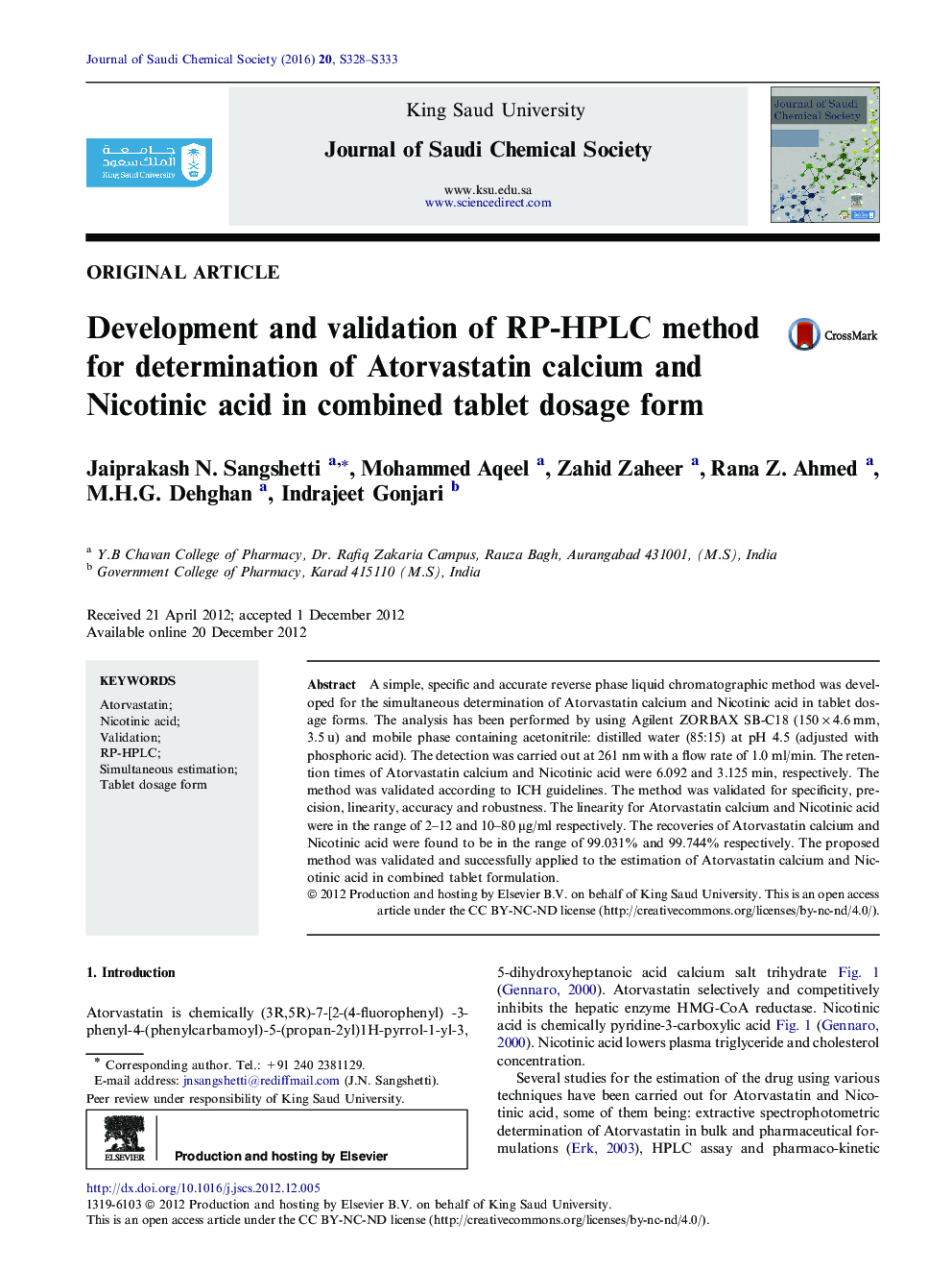 Original articleDevelopment and validation of RP-HPLC method for determination of Atorvastatin calcium and Nicotinic acid in combined tablet dosage form
