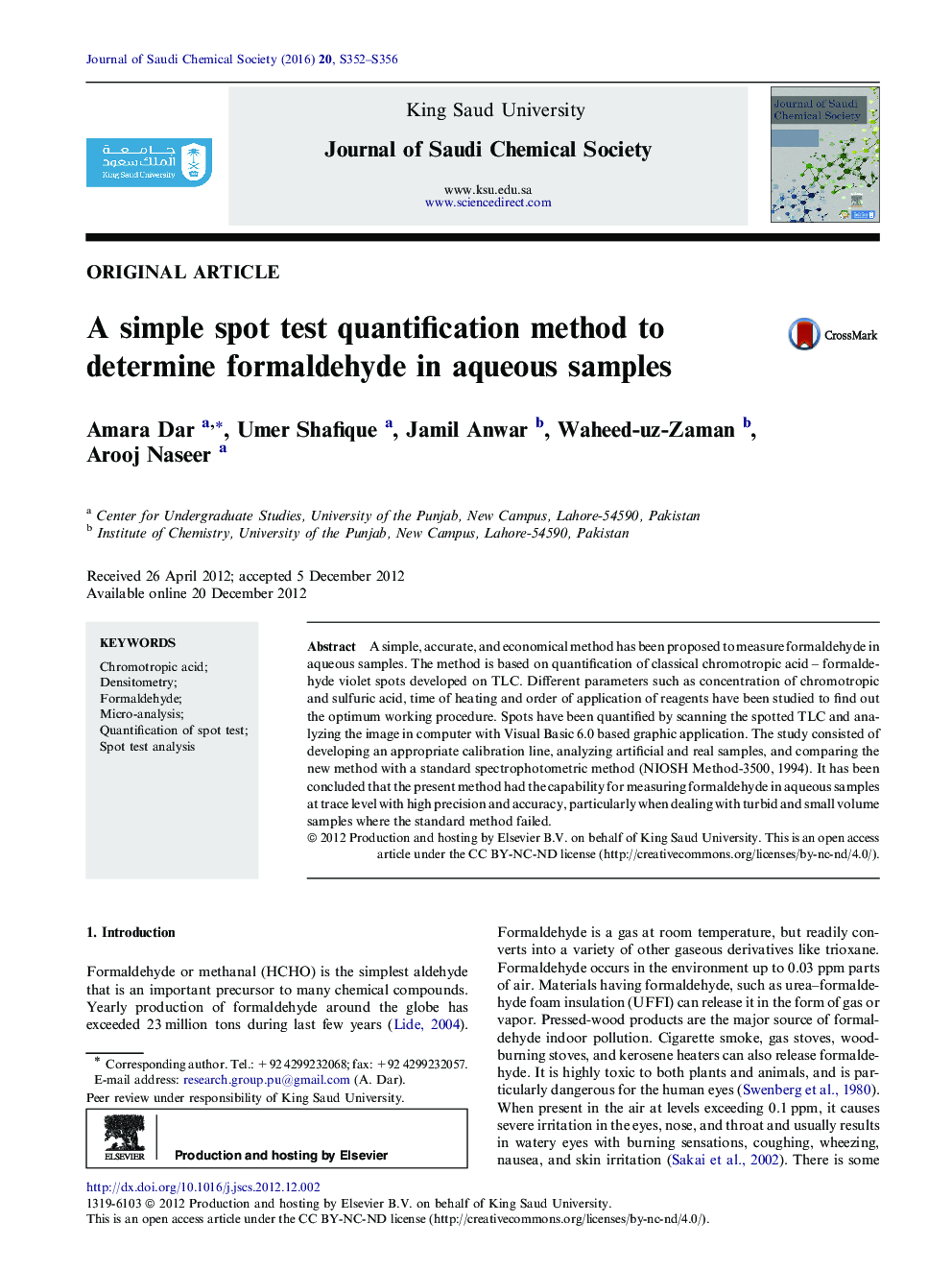 A simple spot test quantification method to determine formaldehyde in aqueous samples