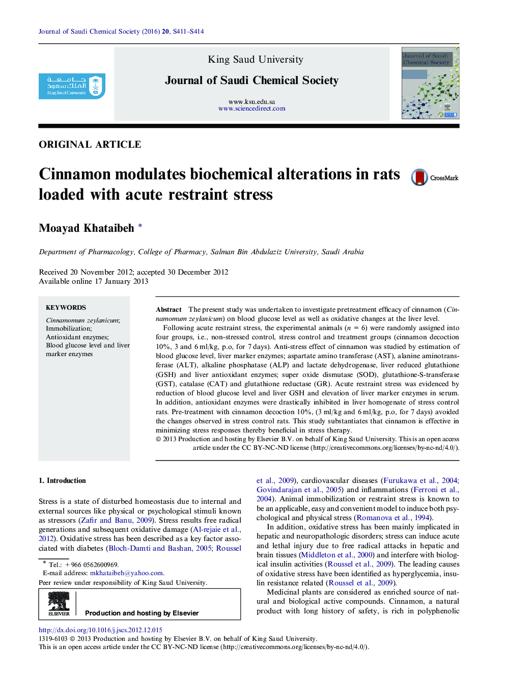 Cinnamon modulates biochemical alterations in rats loaded with acute restraint stress