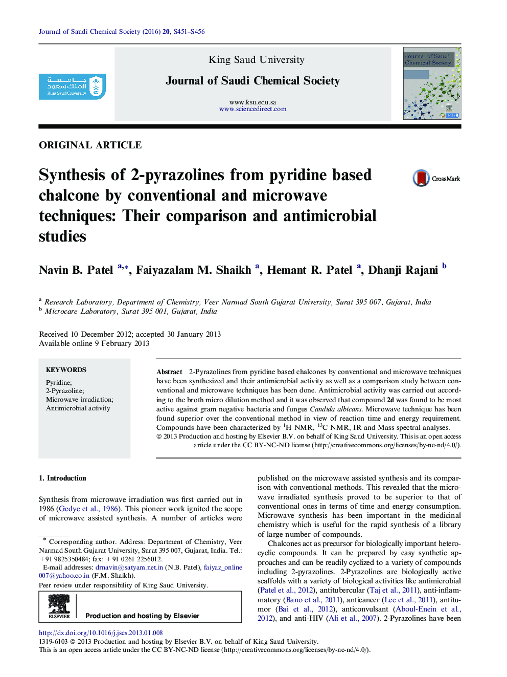 سنتز 2-پریازولین از کلرید پایدار مبتنی بر پرییدین با استفاده از تکنیک های مرسوم و مایکروویو: مقایسه و مطالعات ضد میکروبی 