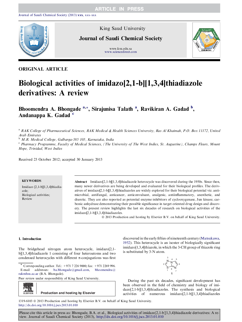 Biological activities of imidazo[2,1-b][1,3,4]thiadiazole derivatives: A review