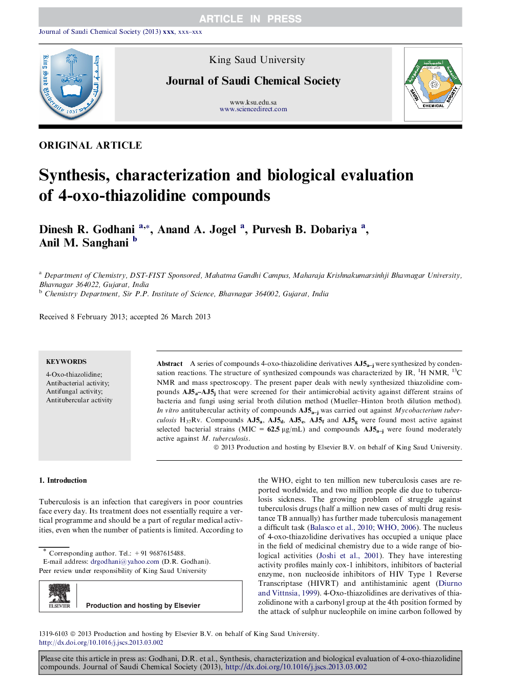 Synthesis, characterization and biological evaluation of 4-oxo-thiazolidine compounds