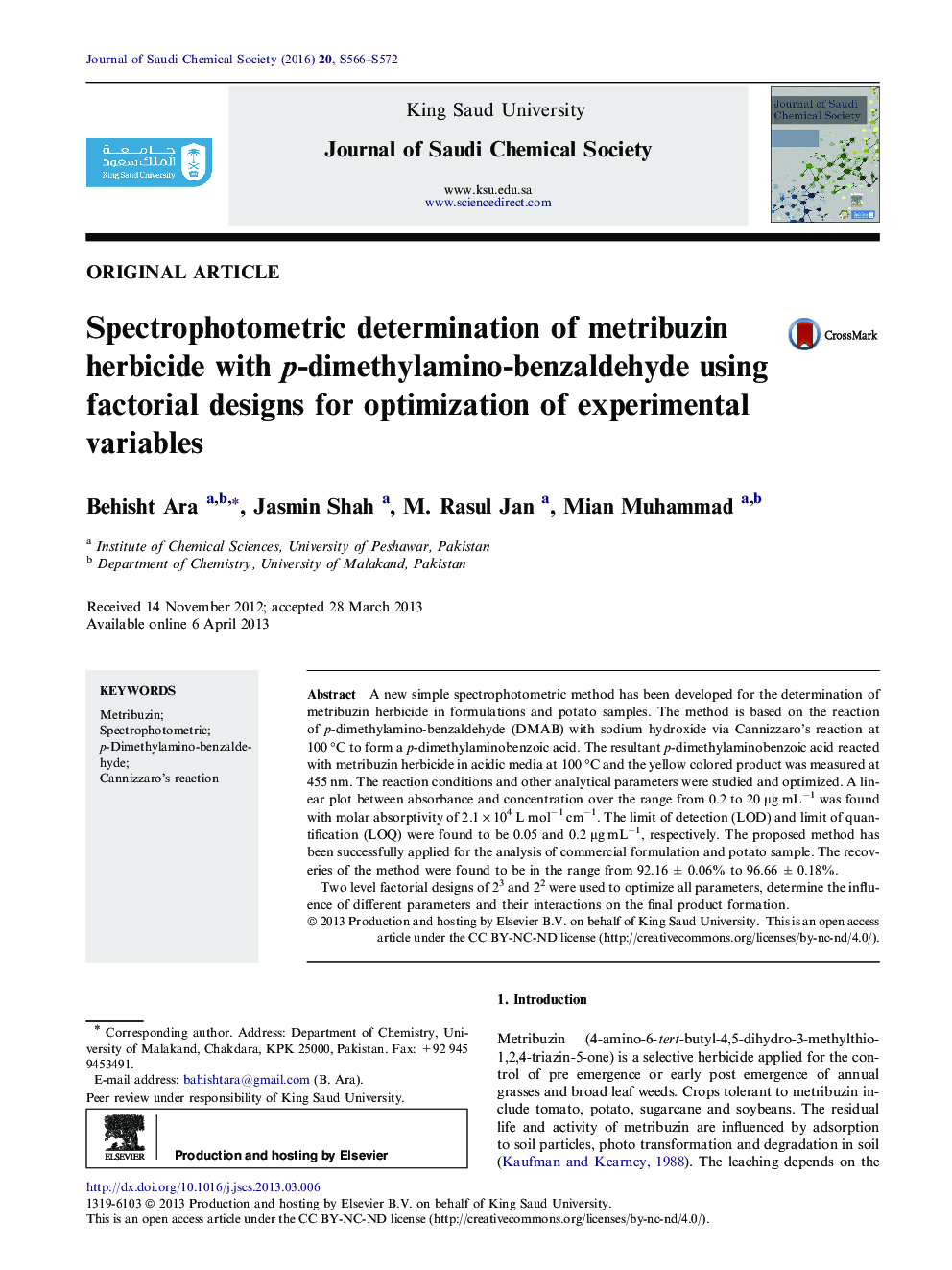 Spectrophotometric determination of metribuzin herbicide with p-dimethylamino-benzaldehyde using factorial designs for optimization of experimental variables