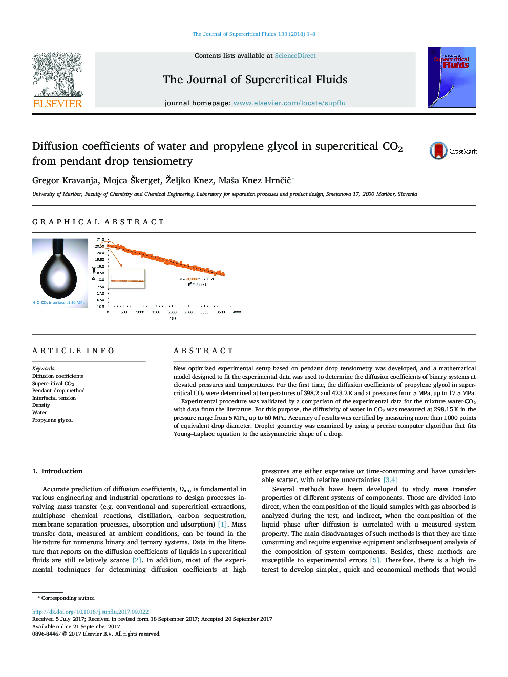 Diffusion coefficients of water and propylene glycol in supercritical CO2 from pendant drop tensiometry