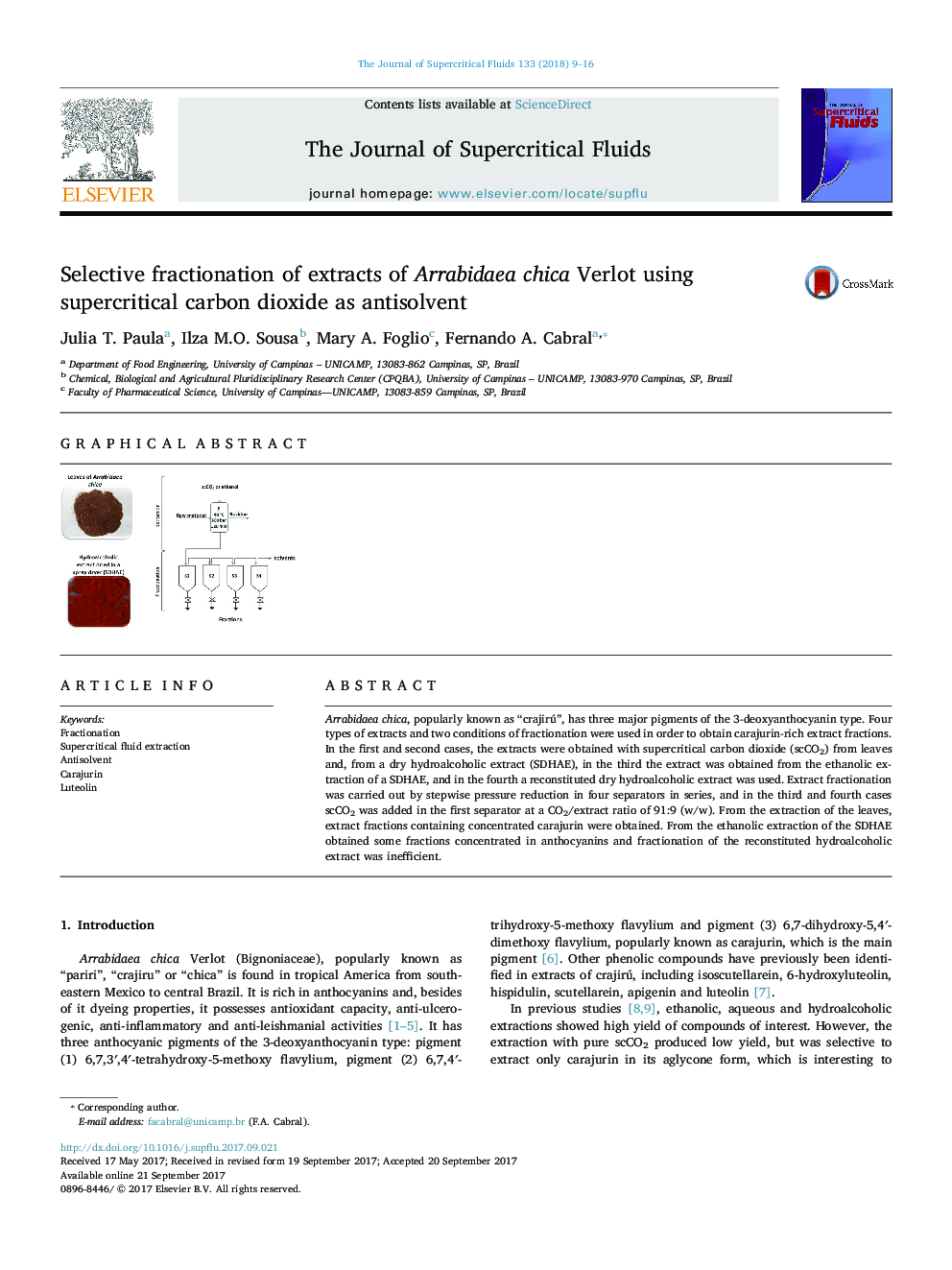 Selective fractionation of extracts of Arrabidaea chica Verlot using supercritical carbon dioxide as antisolvent