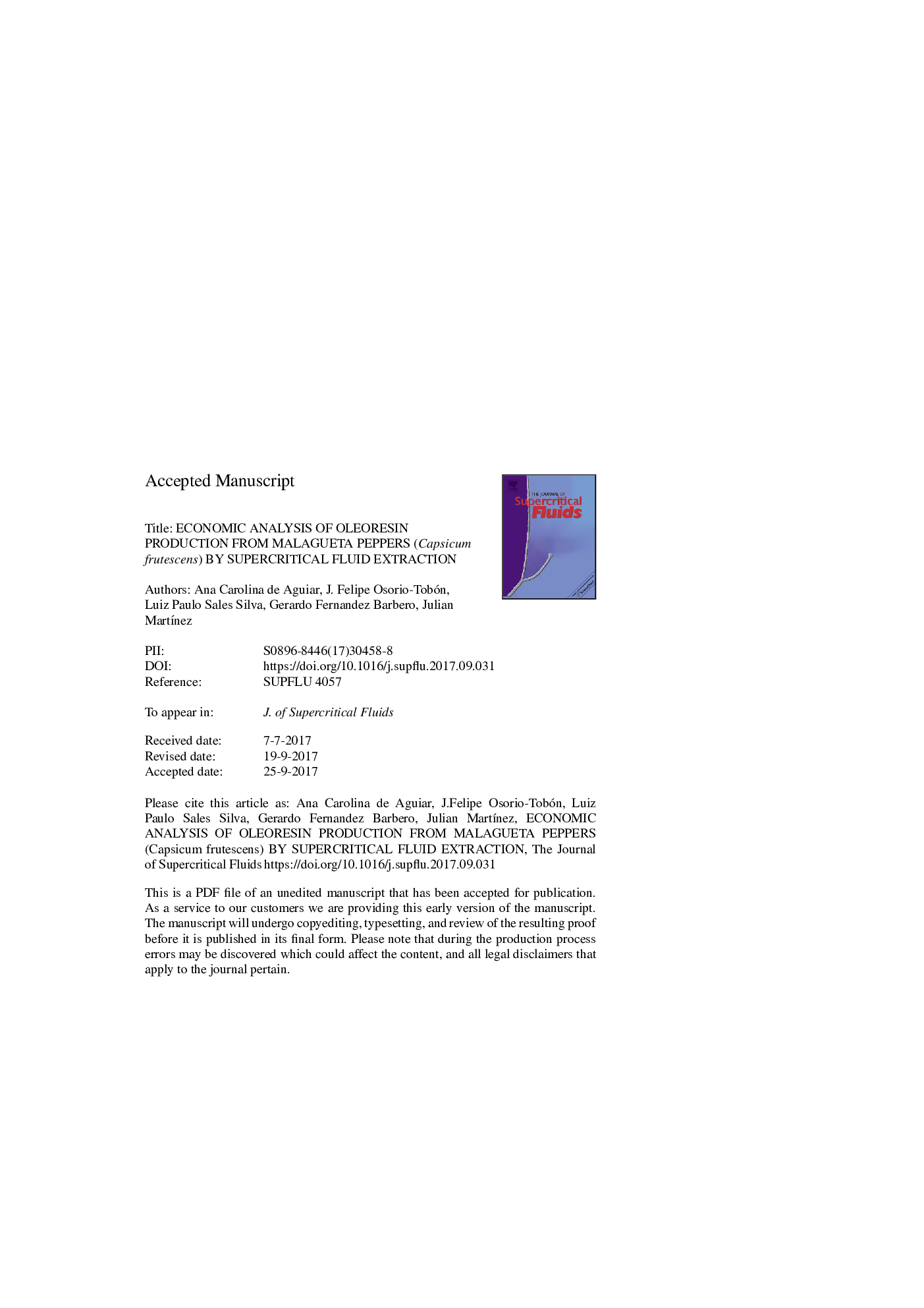 Economic analysis of oleoresin production from malagueta peppers (Capsicum frutescens) by supercritical fluid extraction