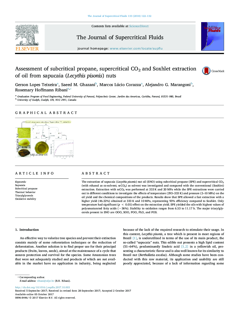 Assessment of subcritical propane, supercritical CO2 and Soxhlet extraction of oil from sapucaia (Lecythis pisonis) nuts