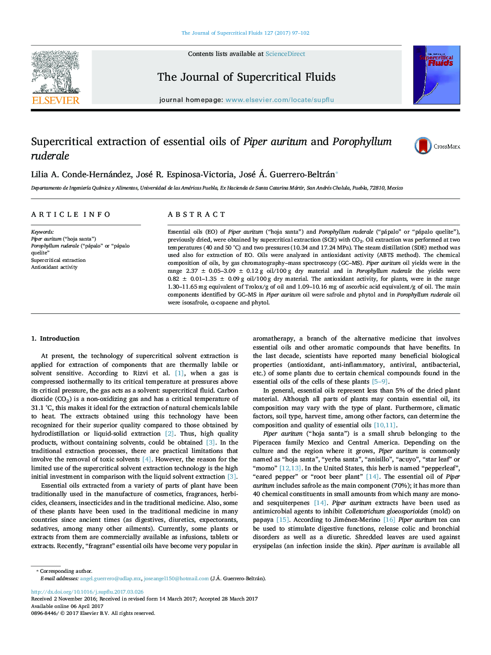 Supercritical extraction of essential oils of Piper auritum and Porophyllum ruderale