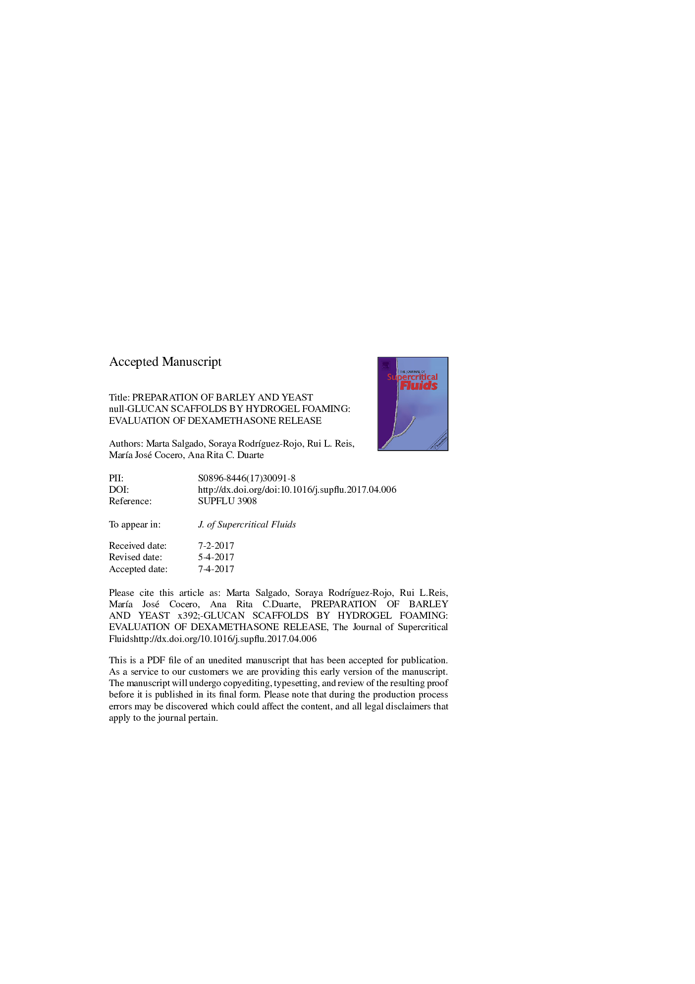 عکس صفحه اول مقاله: Preparation of barley and yeast β-glucan scaffolds by hydrogel foaming: Evaluation of dexamethasone release Preparation of barley and yeast β-glucan scaffolds by hydrogel foaming: Evaluation of dexamethasone release