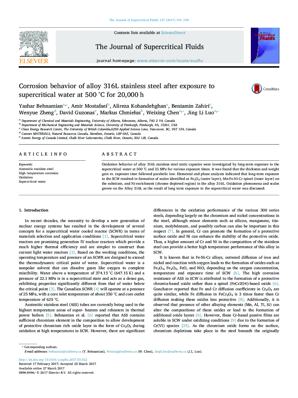 Corrosion behavior of alloy 316L stainless steel after exposure to supercritical water at 500Â Â°C for 20,000Â h