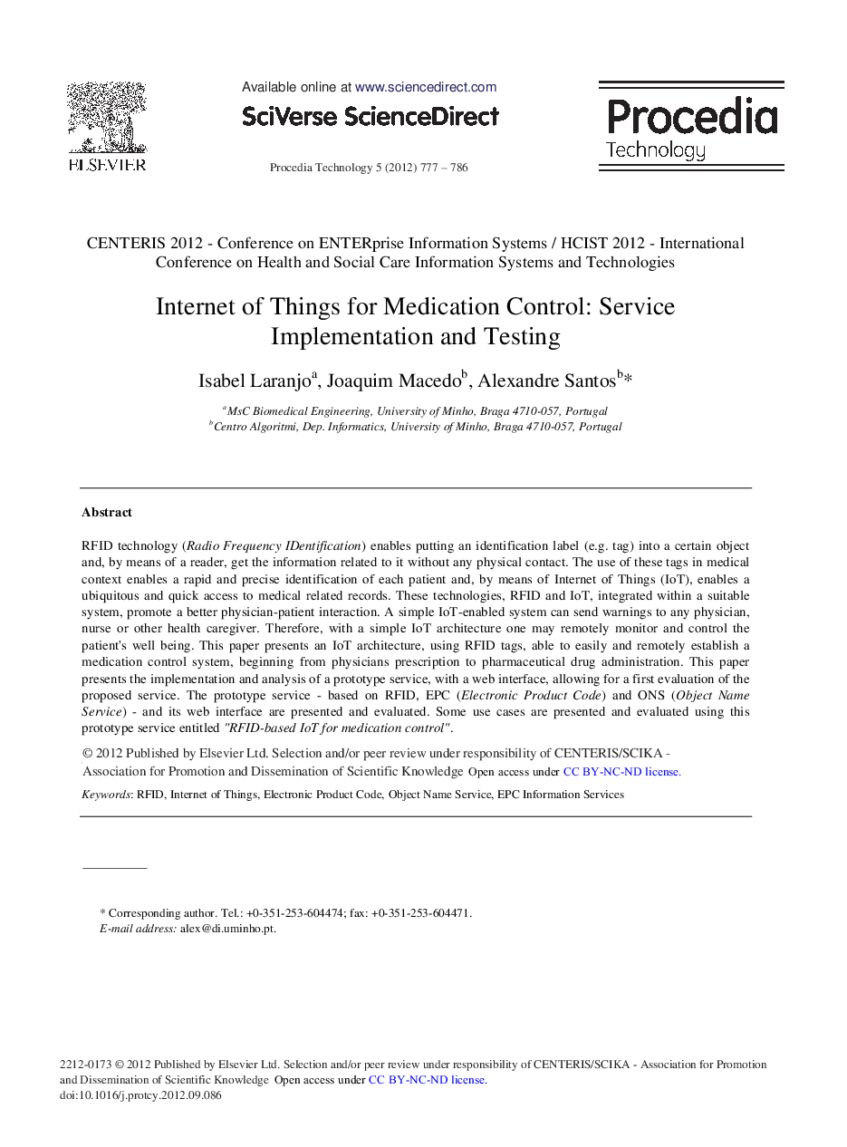 Internet of Things for Medication Control: Service Implementation and Testing