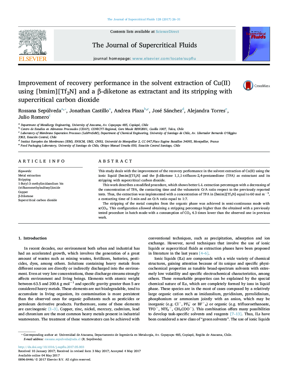 Improvement of recovery performance in the solvent extraction of Cu(II) using [bmim][Tf2N] and a Î²-diketone as extractant and its stripping with supercritical carbon dioxide