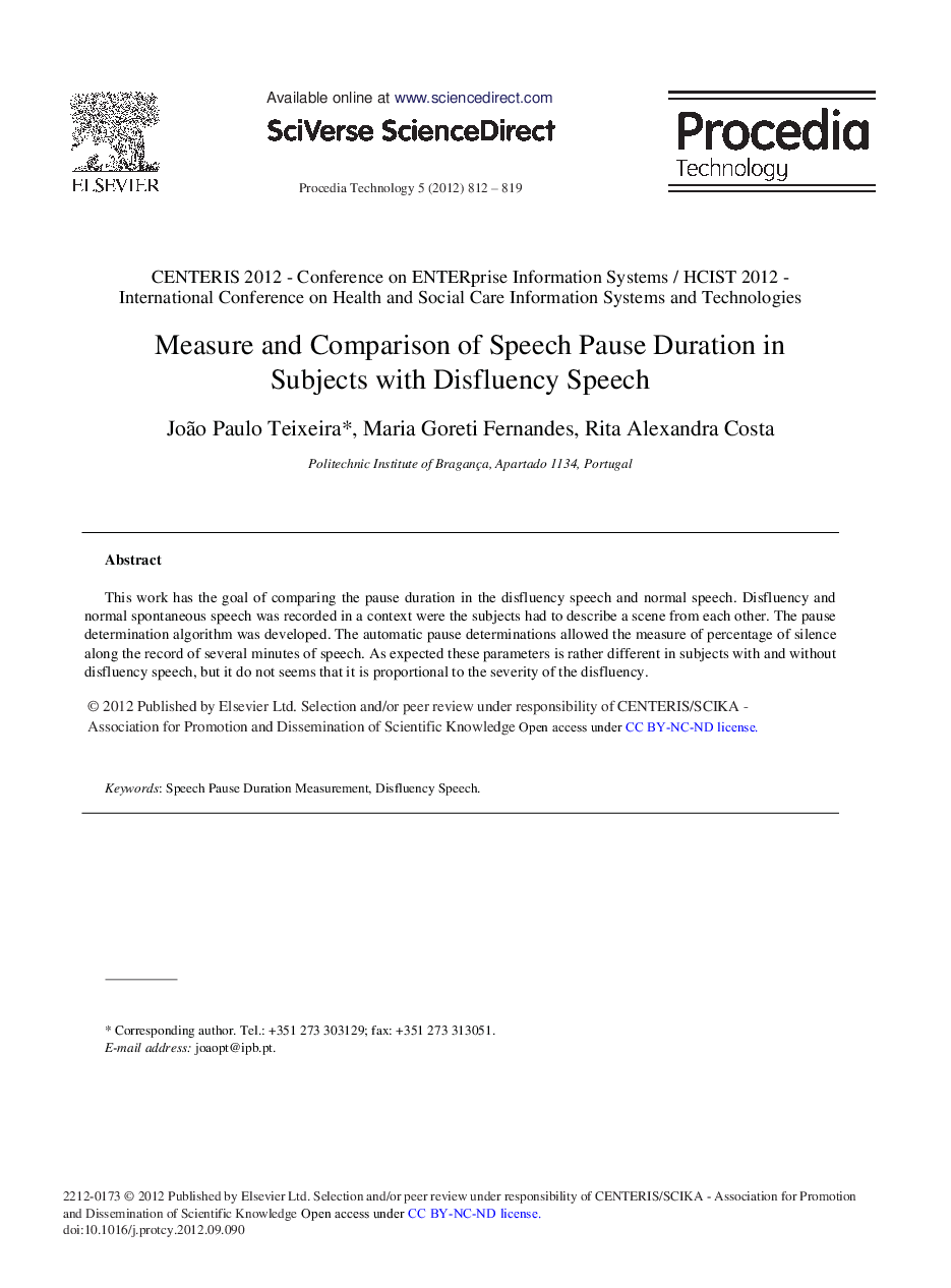 Measure and Comparison of Speech Pause Duration in Subjects with Disfluency Speech