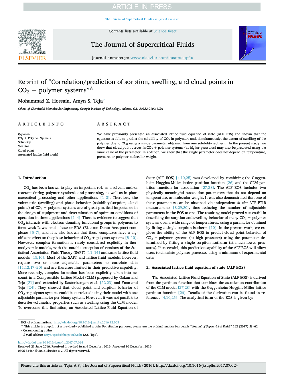 Reprint of “Correlation/prediction of sorption, swelling, and cloud points in CO2Â +Â polymer systems”