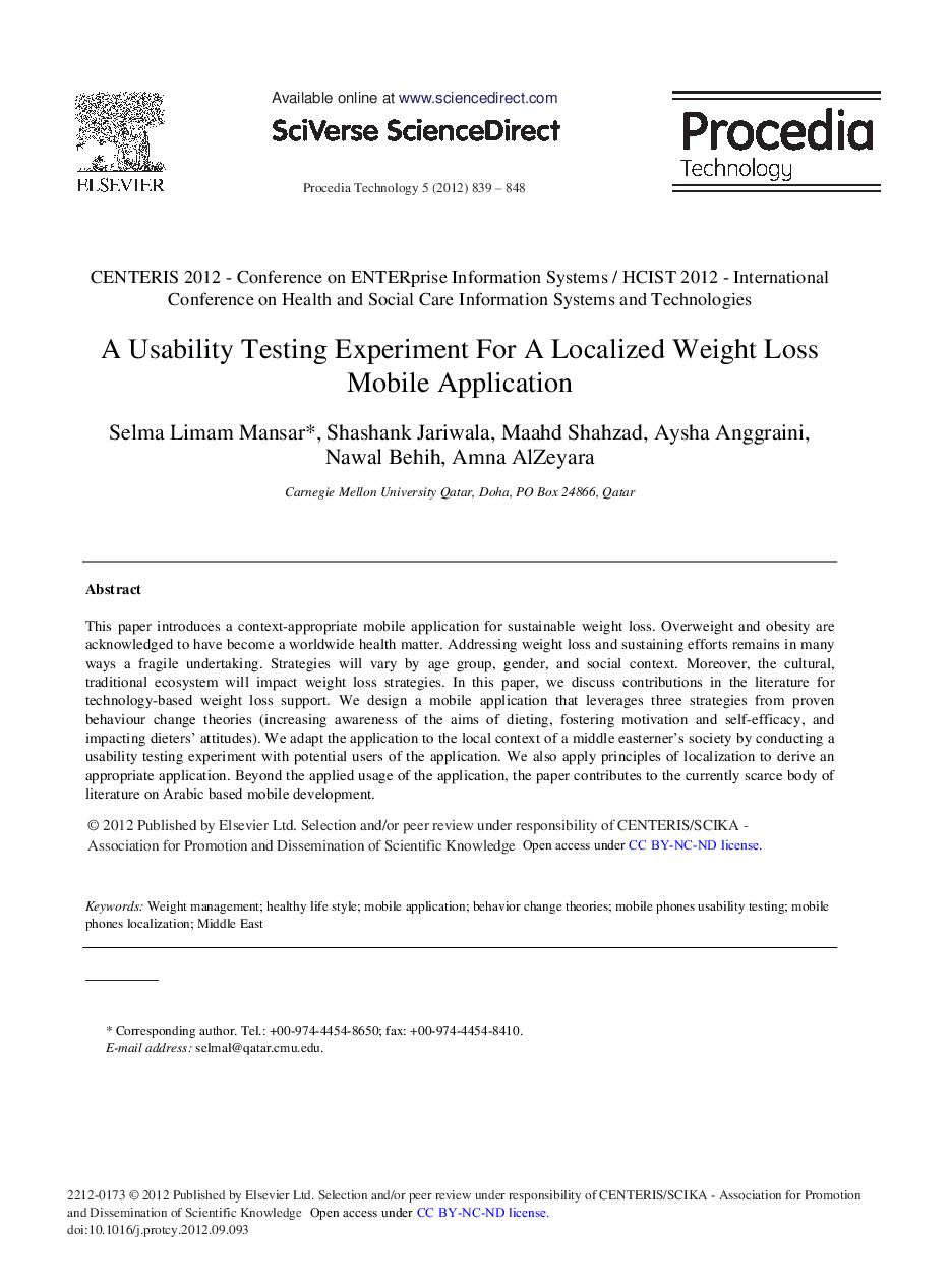 A Usability Testing Experiment For A Localized Weight Loss Mobile Application