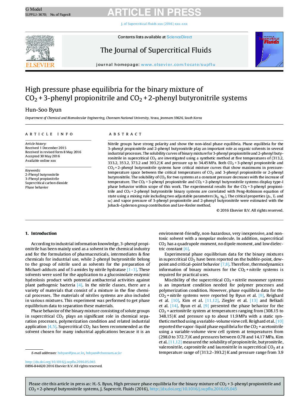 High pressure phase equilibria for the binary mixture of CO2Â +Â 3-phenyl propionitrile and CO2Â +Â 2-phenyl butyronitrile systems