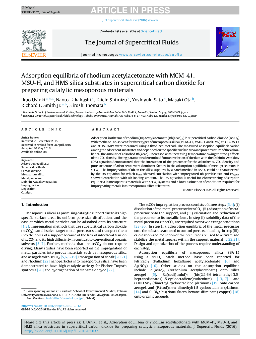 Adsorption equilibria of rhodium acetylacetonate with MCM-41, MSU-H, and HMS silica substrates in supercritical carbon dioxide for preparing catalytic mesoporous materials