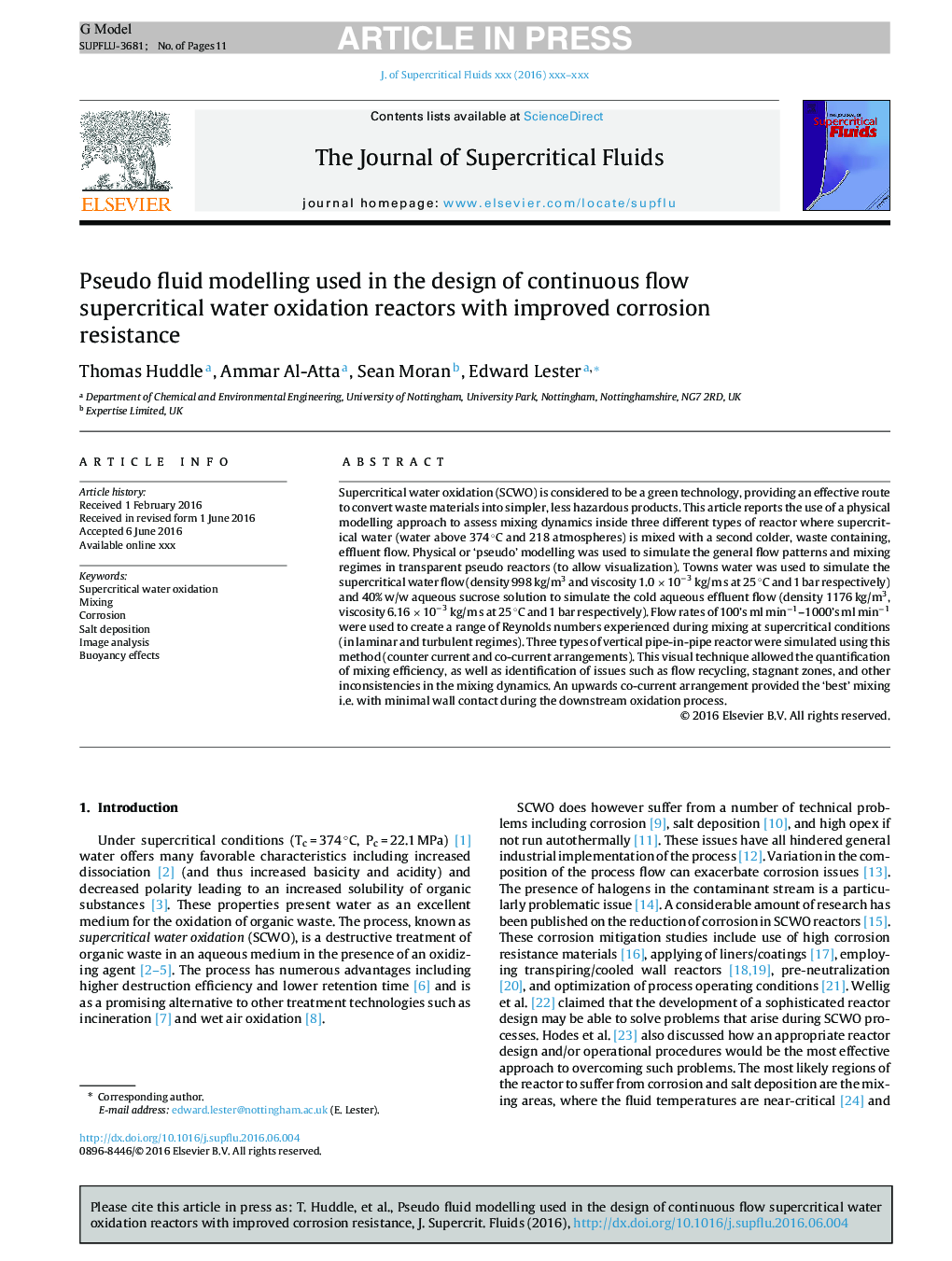 Pseudo fluid modelling used in the design of continuous flow supercritical water oxidation reactors with improved corrosion resistance