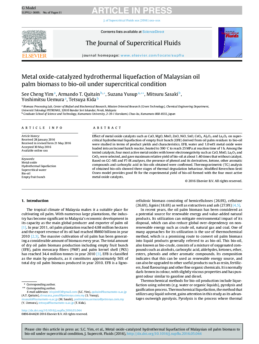 Metal oxide-catalyzed hydrothermal liquefaction of Malaysian oil palm biomass to bio-oil under supercritical condition