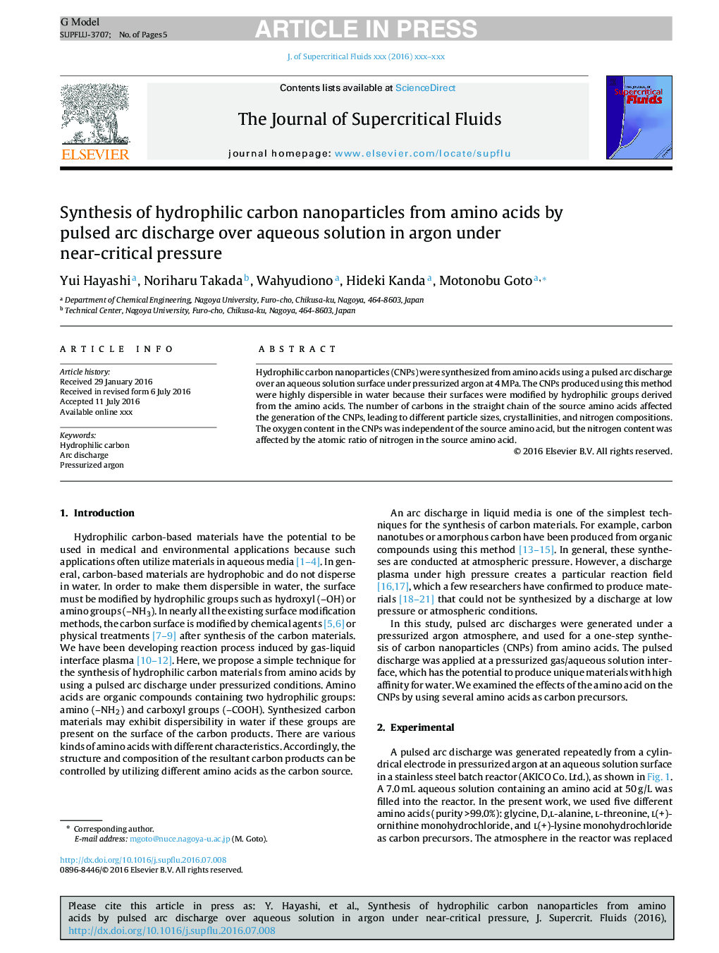 Synthesis of hydrophilic carbon nanoparticles from amino acids by pulsed arc discharge over aqueous solution in argon under near-critical pressure