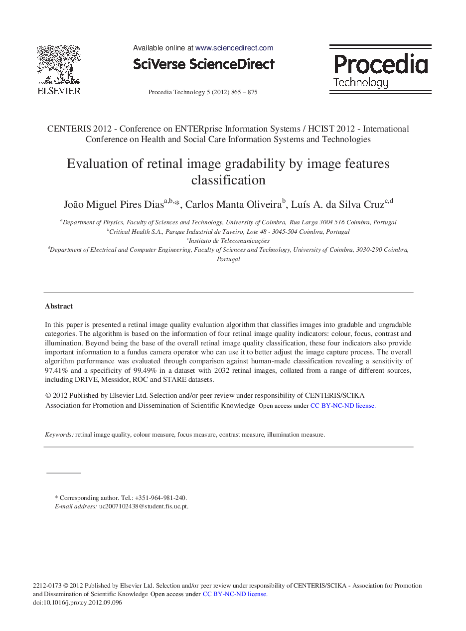 Evaluation of Retinal Image Gradability by Image Features Classification