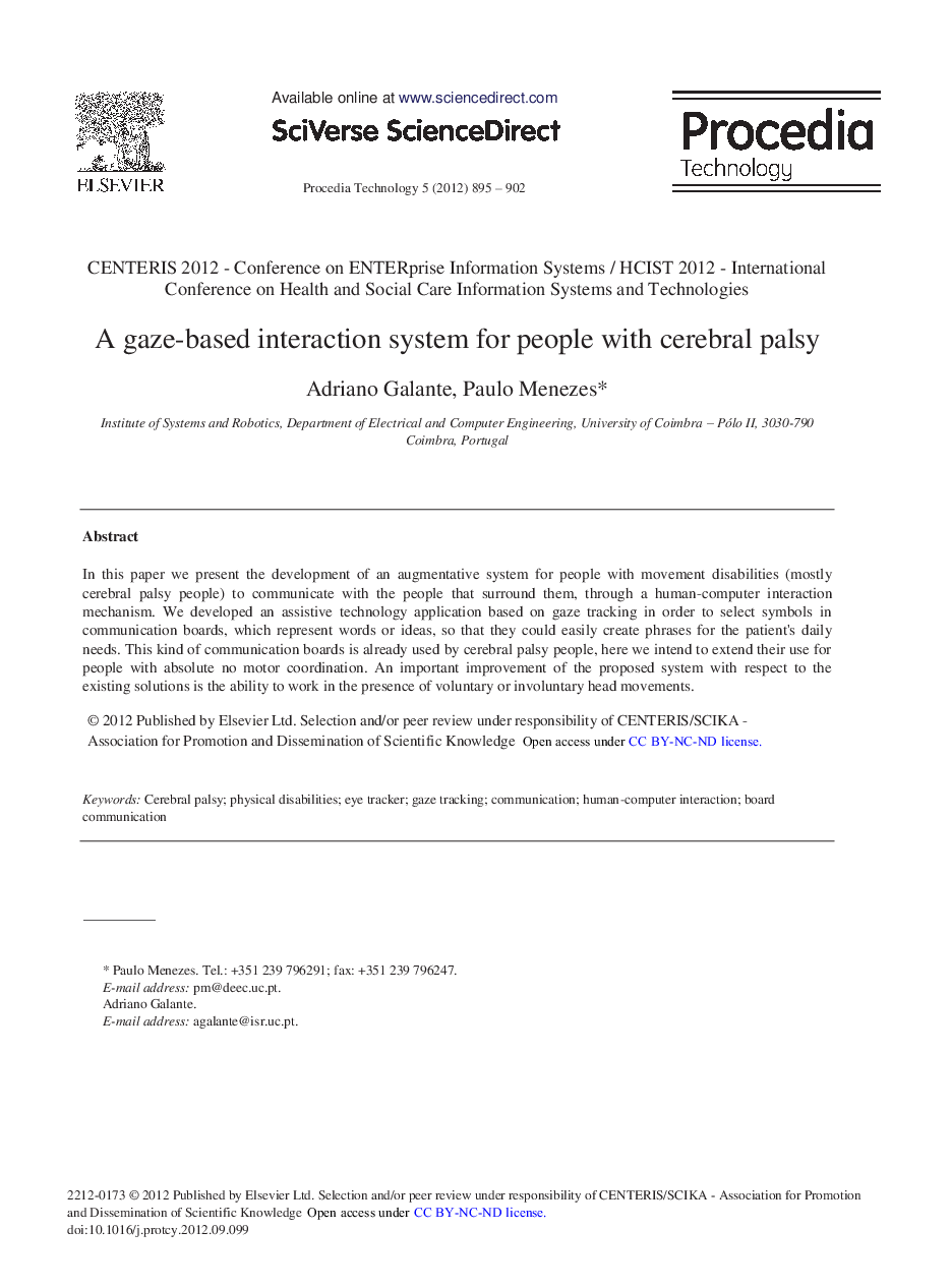 A Gaze-Based Interaction System for People with Cerebral Palsy